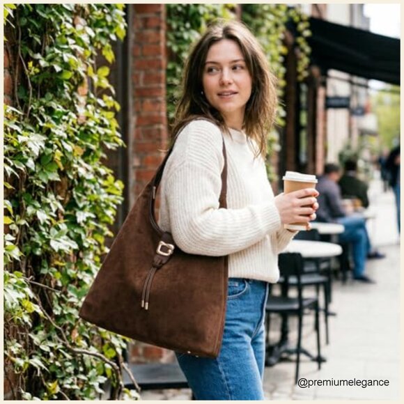 Large Slouchy Hobo Tote Bag with Zipper & Tassel, Faux Suede Shoulder Purse - Picture 2 of 7